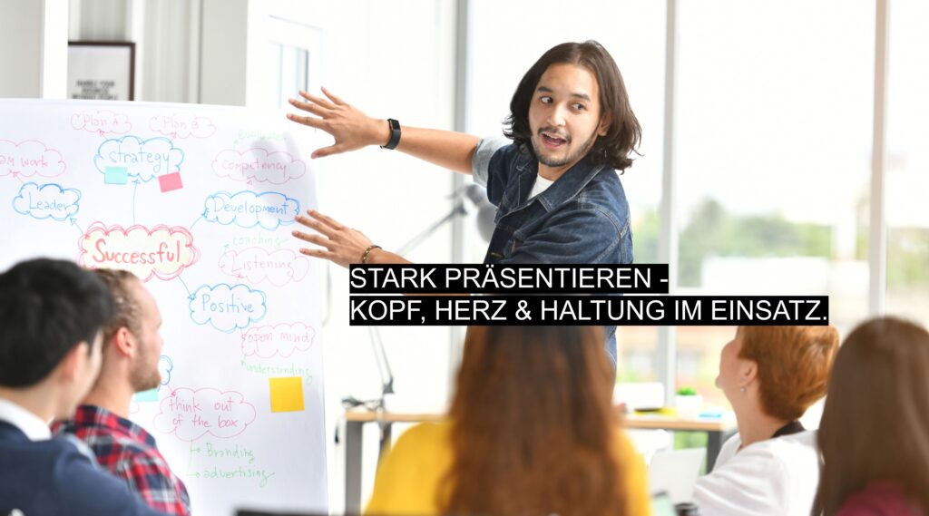 Mann präsentiert engagiert an einem Flipchart mit Mindmap vor einer kleinen Gruppe – Text: Stark präsentieren – Kopf, Herz & Haltung im Einsatz.