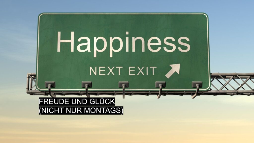 Hinweisschild mit Aufschrift ‚Happiness – Next Exit‘ auf einer Autobahn, Symbol für Freude und Glück im Alltag