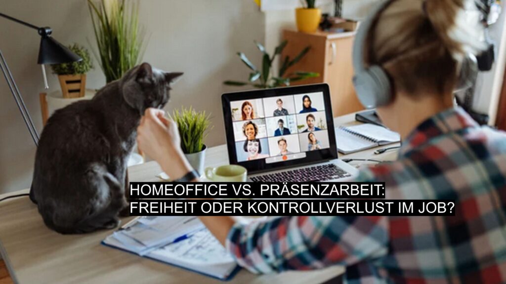Frau im Homeoffice mit Videokonferenz, Katze auf dem Schreibtisch – Symbol für Homeoffice vs. Präsenzarbeit und die Frage nach Freiheit oder Kontrolle im Job