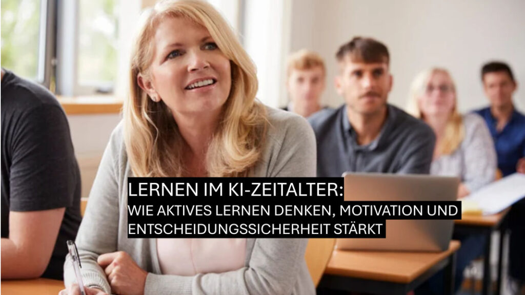 Symbolbild für Weiterbildung im beruflichen Kontext: Eine Teilnehmerin sitzt in einem Seminarraum, im Hintergrund weitere Teilnehmende. Das Bild steht für aktives Lernen, kognitive Aktivierung und Entscheidungssicherheit im KI-Zeitalter.